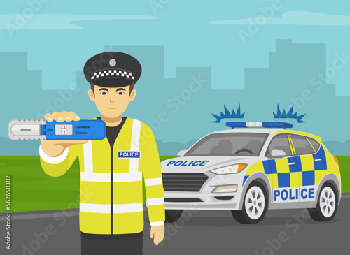 Traffic police officer holding a drug testing kit. Front view. British police officer standing in front of police suv car. Flat vector illustration template.
