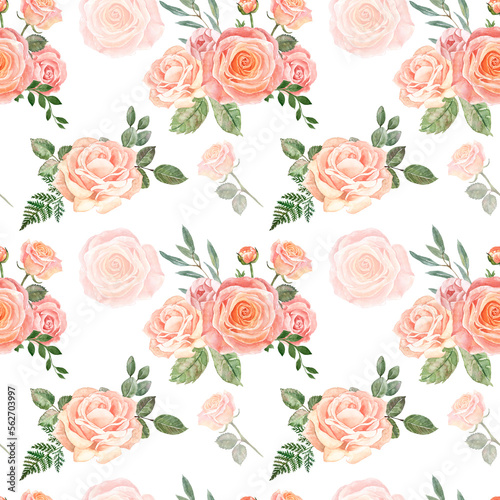 Floral seamless pattern with hand-painted peach pink roses and greenery. Watercolor blush flowers on white background.