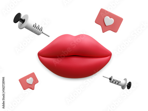 3d realistic banner for lip injection. Concept of dermatology and cosmetology treatment. Red aesthetic beautiful lips with medical plastic syringe with cosmetic injection in cartoon style