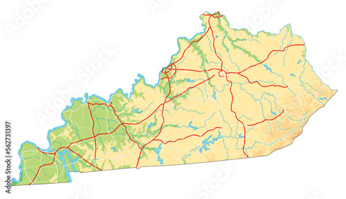 High detailed Kentucky physical map.
