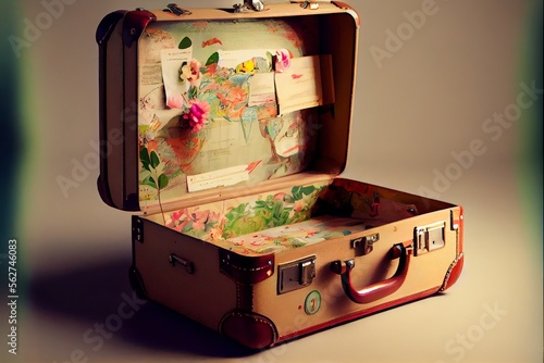 Vintage suitcase open for travel. Generative AI