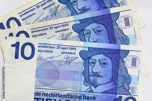 Den Helder, Netherlands. January 2023. An old Dutch banknote of 10 Guilders.
