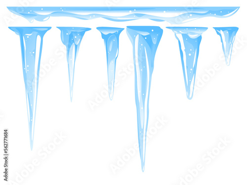 Blue frozen icicle cluster hanging down from snow-covered ice surface, set of different quality detailed icicles with snow isolated, carefully drop the icicles