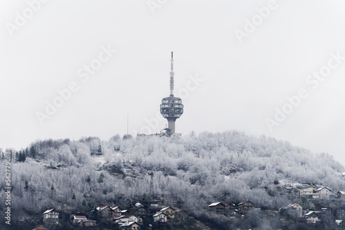 Winter view of destroyed Sarajevo TV Tower. The Hum Tower or Toranj Hum is a telecommunication tower located on Mount Hum in the periphery of Sarajevo. Symbol of a city. 