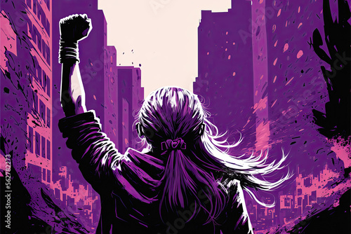 Generative AI illustration of woman, from behind, raising her fist, background in the purple city