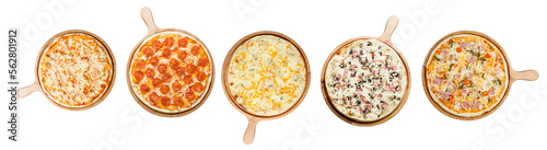 Assorted pizzas served on wooden boards. Collage, set. Traditional Italian food and popular snack. Top view. Isolated on white background. Panorama format.