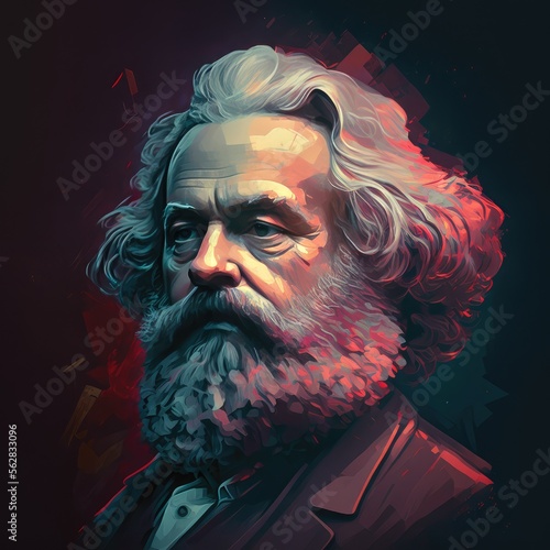 Portrait of Karl Marx - a German philosopher, economist, historian, sociologist, political theorist, journalist and socialist revolutionary. Image generated with generative AI