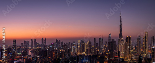 DUBAI , UNITED ARAB EMIRATES-NOVEMBER 22, 2021: Beautiful skyline of Dubai downtown at sunset,Dubai, United Arab Emirates
