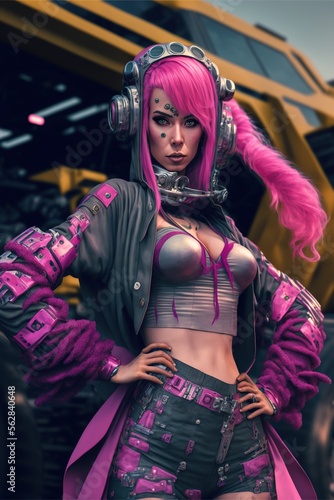 Pink-Haired Cyberpunk Princess Posing in Front of a Hypermodern Vehicle. Generative AI. Pink-Haired Cyberpunk Princess Posing in Front of a Hypermodern Vehicle. Generative AI. Not Based on a Real Pers