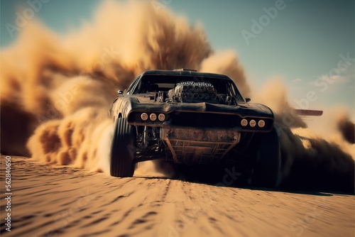 High-Speed Pursuit Action With Armored Car in a Post-Apocalyptic Desert Landscape. Generative AI.