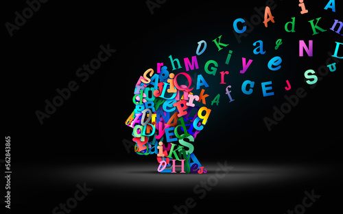 Reading comprehension and learning to read or language spoken and Autistic spectrum or Dyslexia disorder concept as a human head made of Alphabet letters