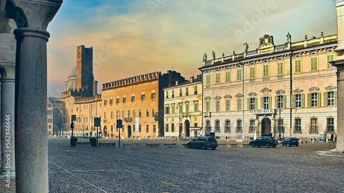 Mantua, Lombardy, Italy. Morning view of the medieval Sordello Square overlooked by important historic buildings.