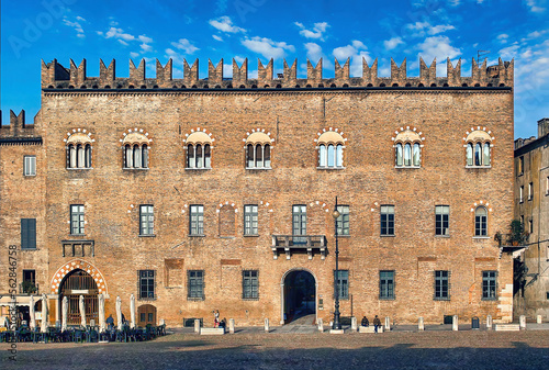 Mantua, Lombardy, Italy. The important facade of the medieval Palazzo Bonacolsi. The Bonacolsi family preceded the Gonzagas in governing the city.