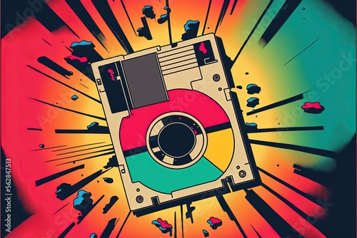 Old computer floppy disk, retro 80s, colorful background. AI digital illustration