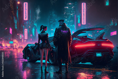 The Dark Warrior and the Gothic Lady Couple: A Cyberpunk Love Story in the Futuristic City of 2077, Where Fashion Meets Fantasy and Technology Rules All, Generative AI