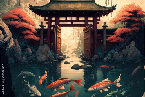 Illustration of spiritual gate, japan kami temple. Generative AI