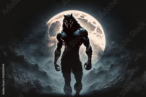 Wolf man, werewolf with jacket and hood, moon in the background. Generative AI