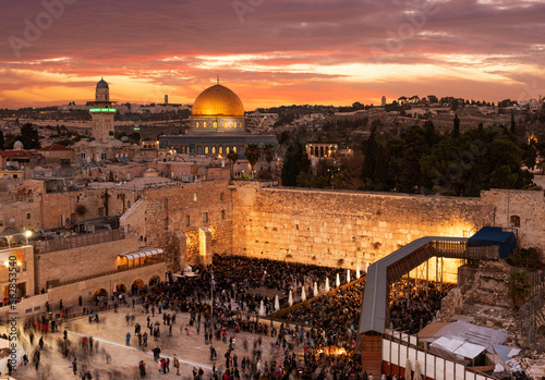 The Dome of the Rock on the temple mount, and the western wall in Jerusalem, Israel