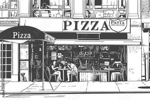 Pizza shop front view. Vector line art illustration