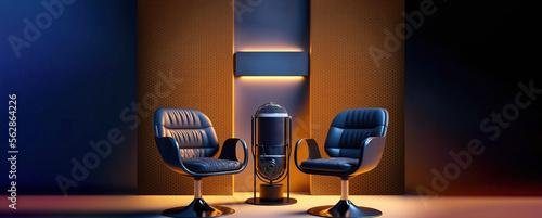 two chairs and microphones in podcast or interview room isolated on dark background as a wide banner for media conversations or podcast streamers concepts with copyspace