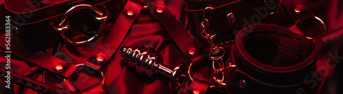 metal anal plug, handcuffs, whip, choker and mask for role-playing erotic games. Set of toys for BDSM sex