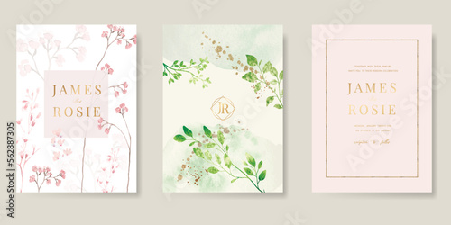 Summer Flower Wedding Invitation set, floral invite thank you, rsvp modern card Design in pink leaf greenery branches with blue background decorative Vector elegant rustic template 