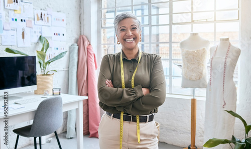 Fashion, designer and portrait of senior woman in workshop studio for manufacturing, planning and idea. Tailor, boutique and retail with employee and illustration for creative small business