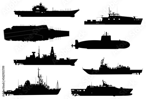 Military Warship Vessels Silhouette, Army Attack Craft Battleship boats Illustrations