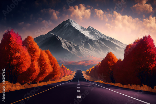 A beautiful road in the countryside with the peak of montain ahead in autumn winter season. Generative Ai image.