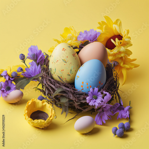 Happy Easter concept with easter eggs in nest and spring flowers. Easter background with copy space. Generative AI