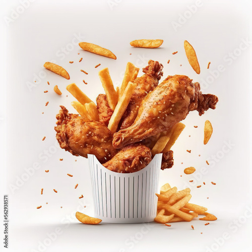 bucket explosion containing roast chicken and fries, generative AI