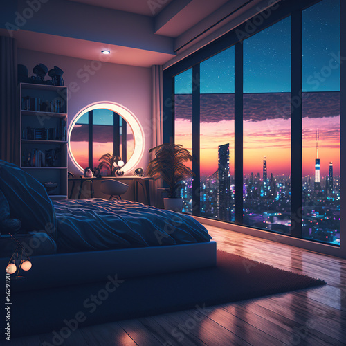 Interior design, bedroom with large window and view of the city at night, generative AI