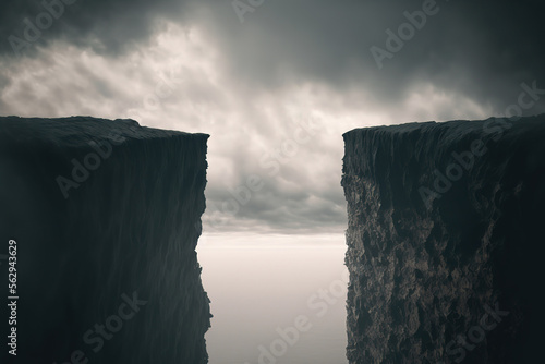 Gap of the abyss cliff edge on the gray cloudy sky, The challenge route for successful concept background. Generative Ai image. 