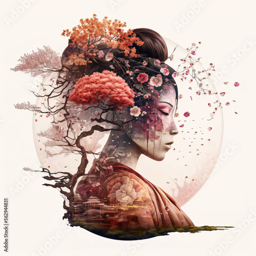 Geisha in Japan with cherry tree. Concept. Designed using generative ai.