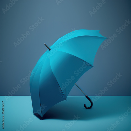 a blue umbrella is opened on a blue background, standing on the blue ground. Generative AI
