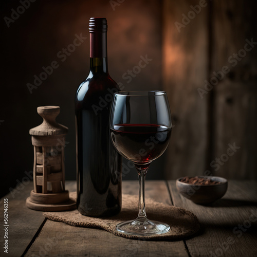 Red Wine Bottle And Red Wine In Glass on a wooden table, Generative AI