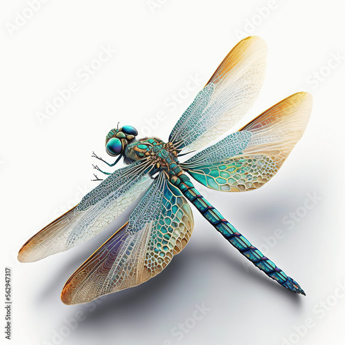 close-up of a coloured dragonfly on a white background. Generative AI 