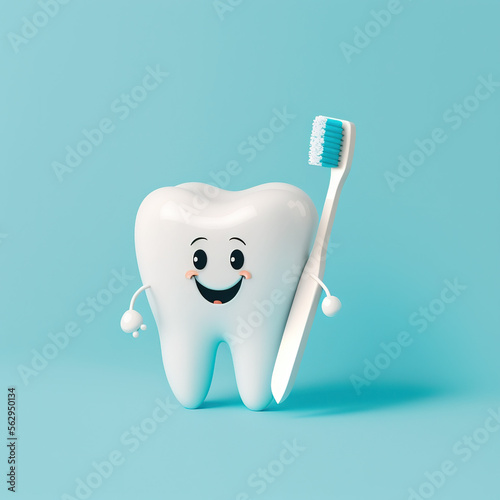 3D healthy tooth with a smile on a blue background, empty space, toothbrush, generative AI 