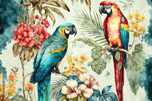 Watercolor seamless pattern with trees and parrots. Vintage background in victorian style. Boho paradise jungle generative ai