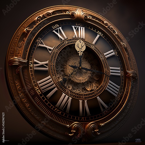 wall clock with Roman numerals brown and black hour hand with black background time white old antique exact time 