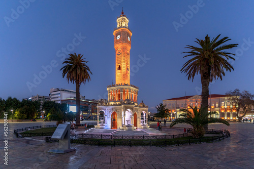Konak Square and Clock Tower view at blue hour. Konak Square is populer tourist attraction in Izmir.