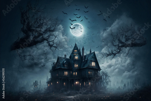 Haunted House with Dark Horror Atmosphere. Halloween Haunted Scene House. AI generated