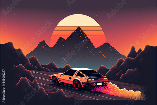Generative AI, Retro car in retro style, nostalgic 80s, 90s. Night landscape, sunset colors, scifi, retrowave vintage illustration. Sun, mountains and desert. Transport, automobile concept. 