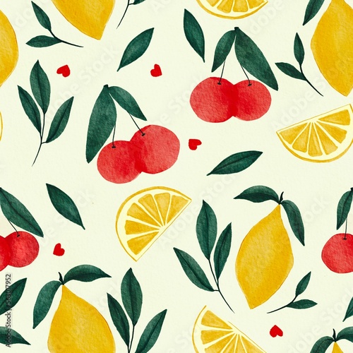 Trendy Watercolour Fruits Lemon and Cherry, seamless pattern. Design for fashion, fabric, textile, wallpaper, cover, card, web, backdrop , wrapping, print