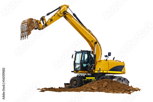 Crawler excavator isolated on white background. Powerful excavator with an extended bucket close-up. Construction equipment for earthworks. element for design.