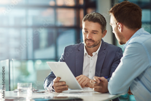 Teamwork meeting, tablet and business people in office workplace. Collaboration, technology and workers, men or employees with touchscreen planning sales, research or financial strategy in company