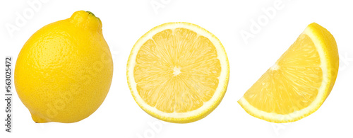 ripe lemon fruit half and slices isolated, Fresh and Juicy Lemon, transparent png, cut out.