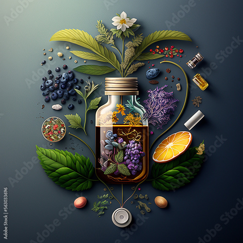 Herb oil bottles homeopathy herbs. Generative AI,