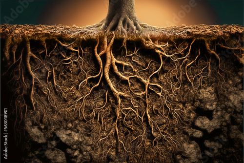 Tree roots in soil close up, underground texture, generative AI illustration