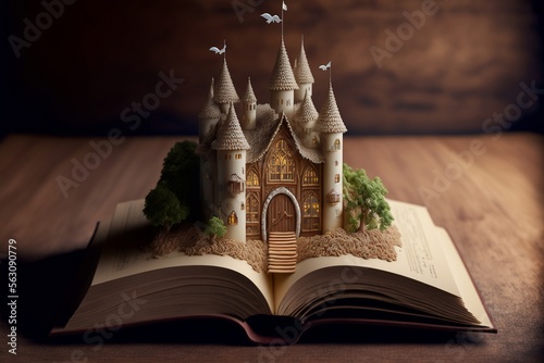 un château de princesse est posé sur les pages d'un livre ouvert sur une table en bois - illustration ia